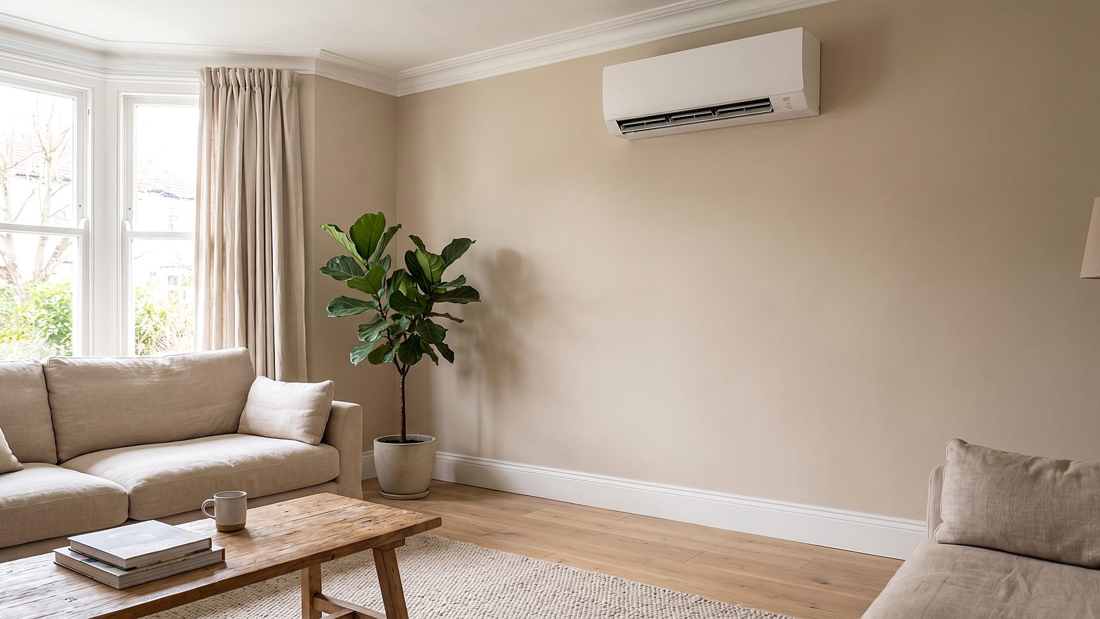 An external air conditioning condenser fitted to the wall of a house