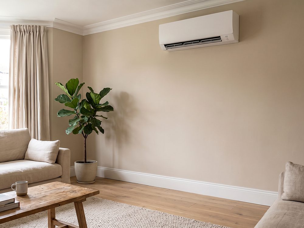 A wall mounted air conditioning unit inside a living room