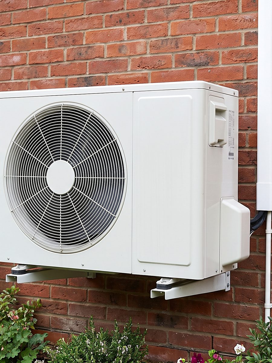 An external air conditioning condenser fitted to the wall of a house