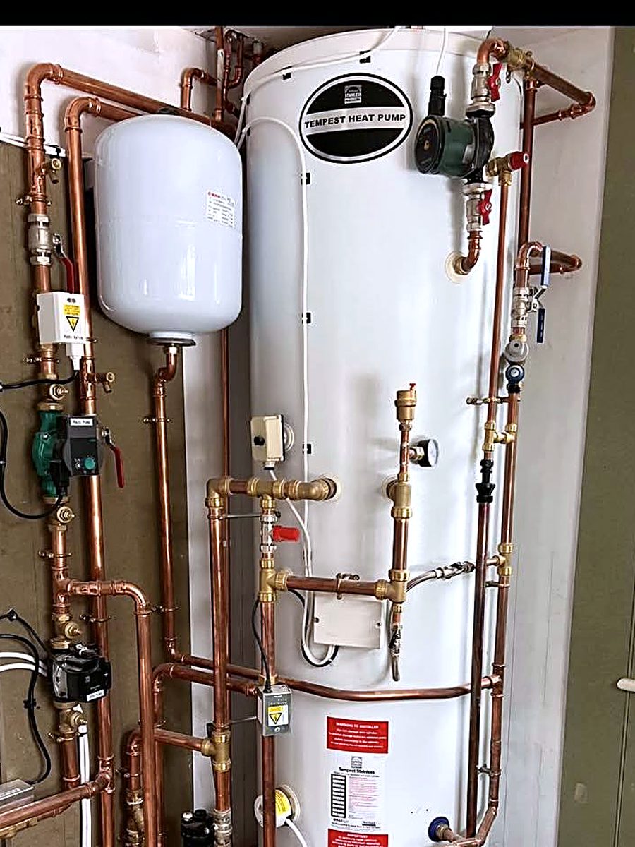 A heat pump cylinder and copper pipework